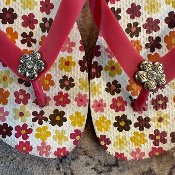 Brighton Pink Floral Flip Flops SZ 8 Classic Preppy Beach Shoes - Picture 6 of 7